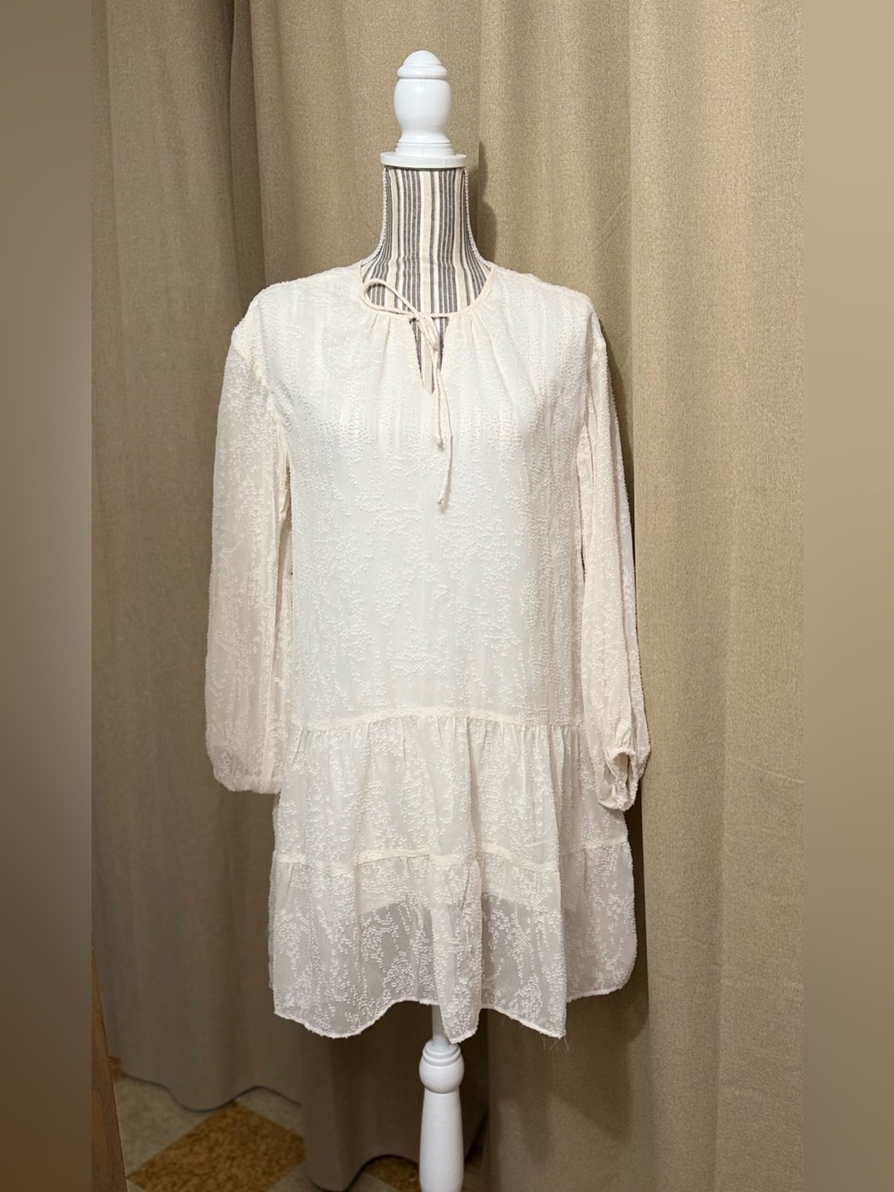 Ivory Textured Long-Sleeve Tiered Dress